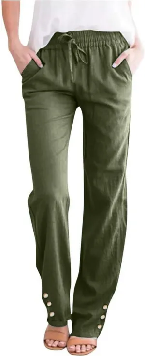 Womens Cotton Linen Pants Lightweight Elastic Waist Straight Leg Pants Summer Comfy Drawstring Long Trousers