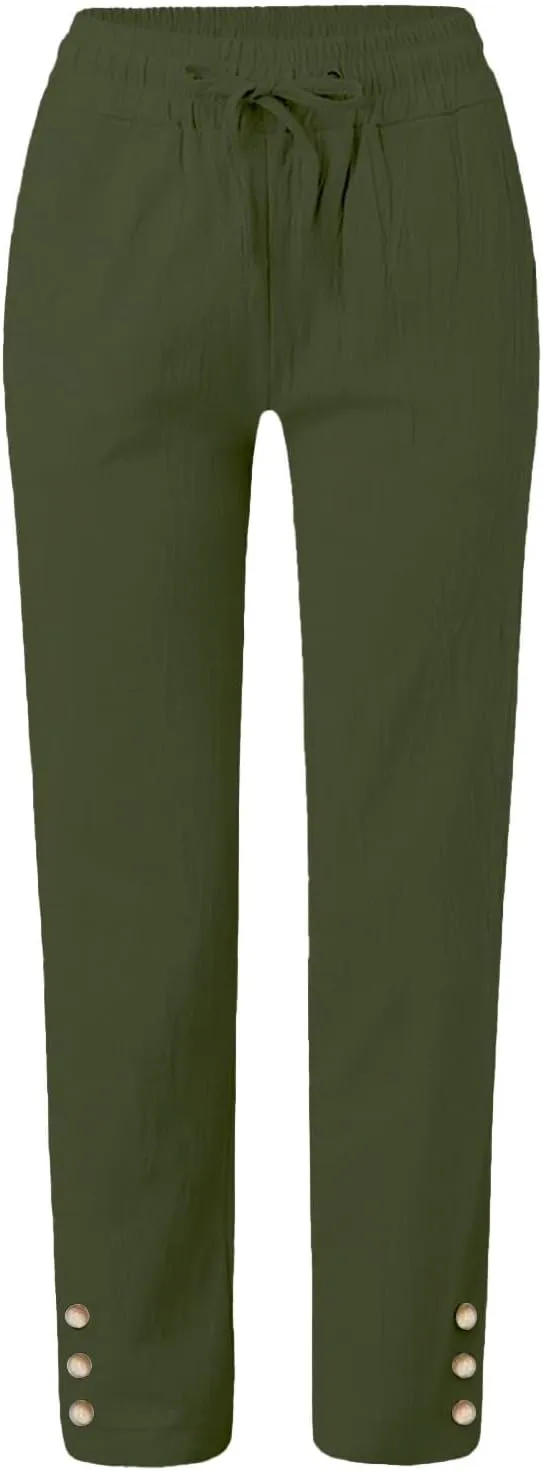 Womens Cotton Linen Pants Lightweight Elastic Waist Straight Leg Pants Summer Comfy Drawstring Long Trousers