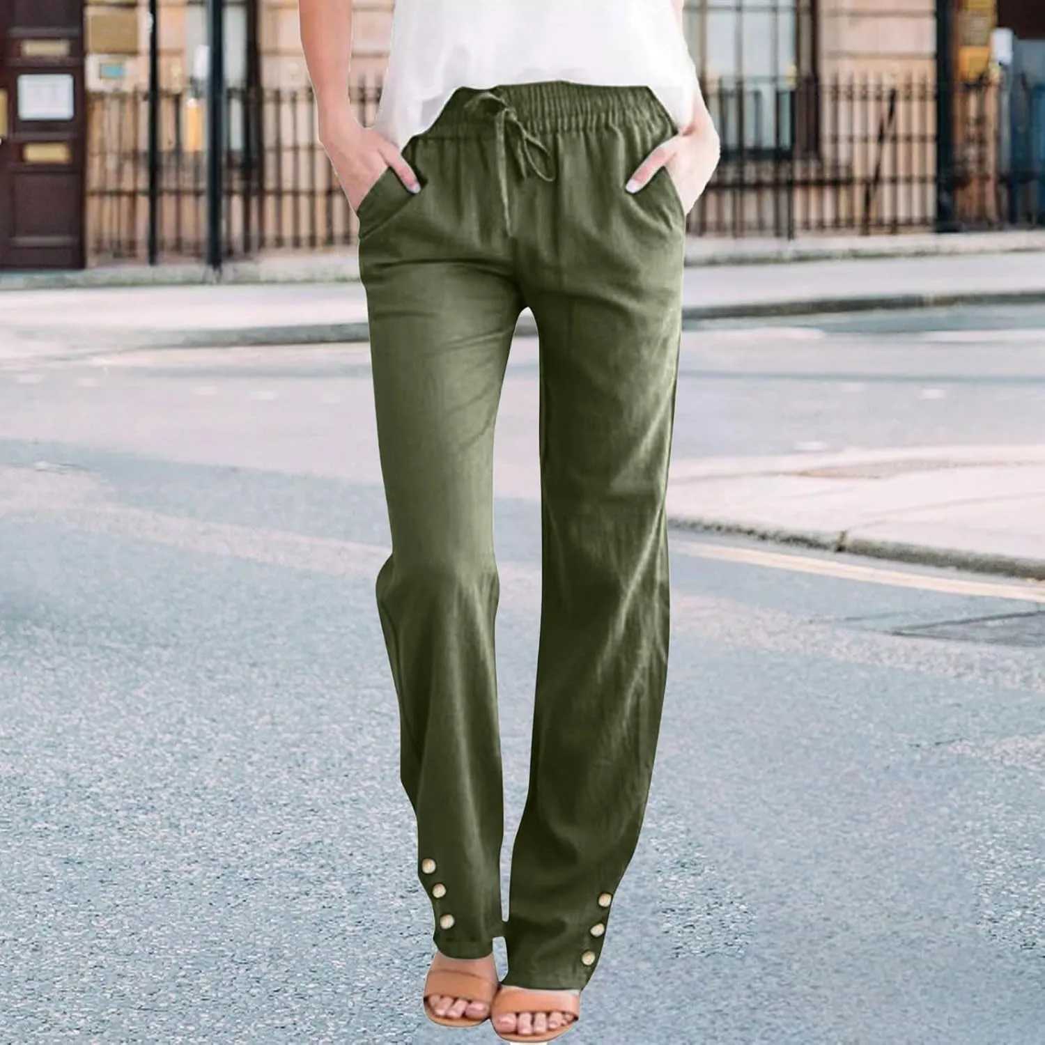Womens Cotton Linen Pants Lightweight Elastic Waist Straight Leg Pants Summer Comfy Drawstring Long Trousers