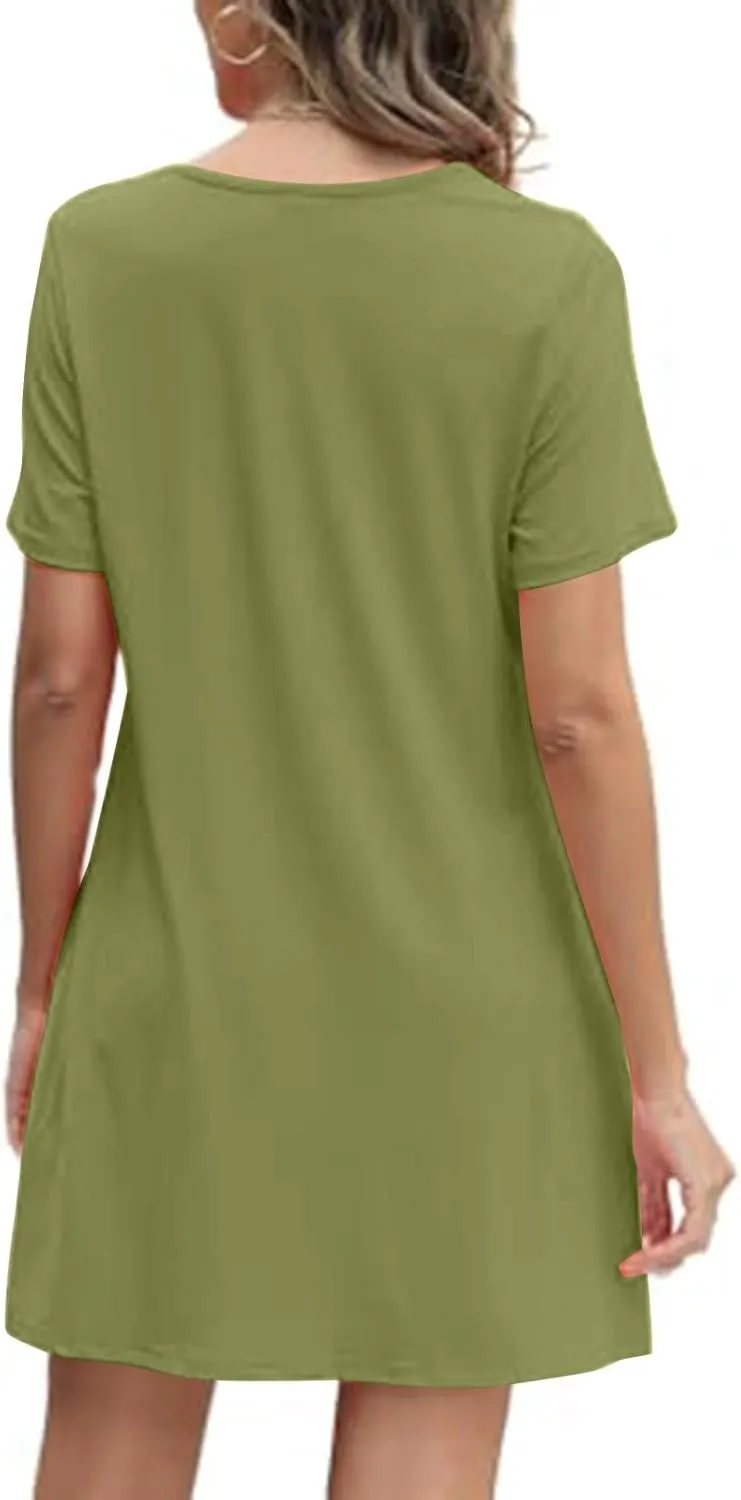 Womens Dresses Casual Loose Fit Short Sleeve Pleated Mini Dress Summer A-Line Flowy Beach Vacation Dress with Pockets