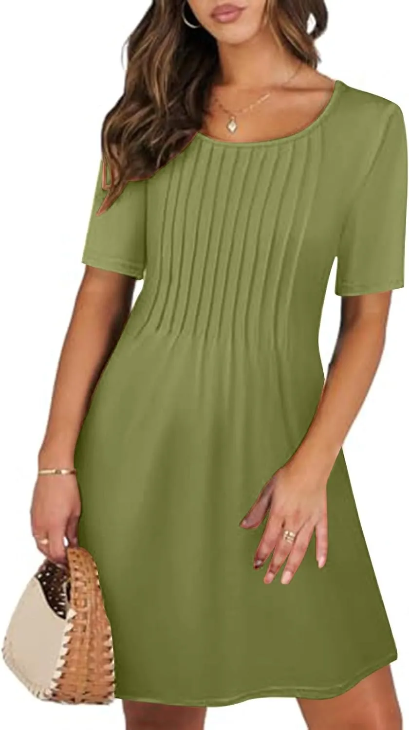 Womens Dresses Casual Loose Fit Short Sleeve Pleated Mini Dress Summer A-Line Flowy Beach Vacation Dress with Pockets