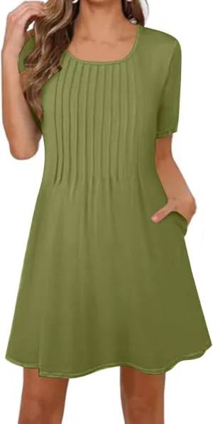 Womens Dresses Casual Loose Fit Short Sleeve Pleated Mini Dress Summer A-Line Flowy Beach Vacation Dress with Pockets