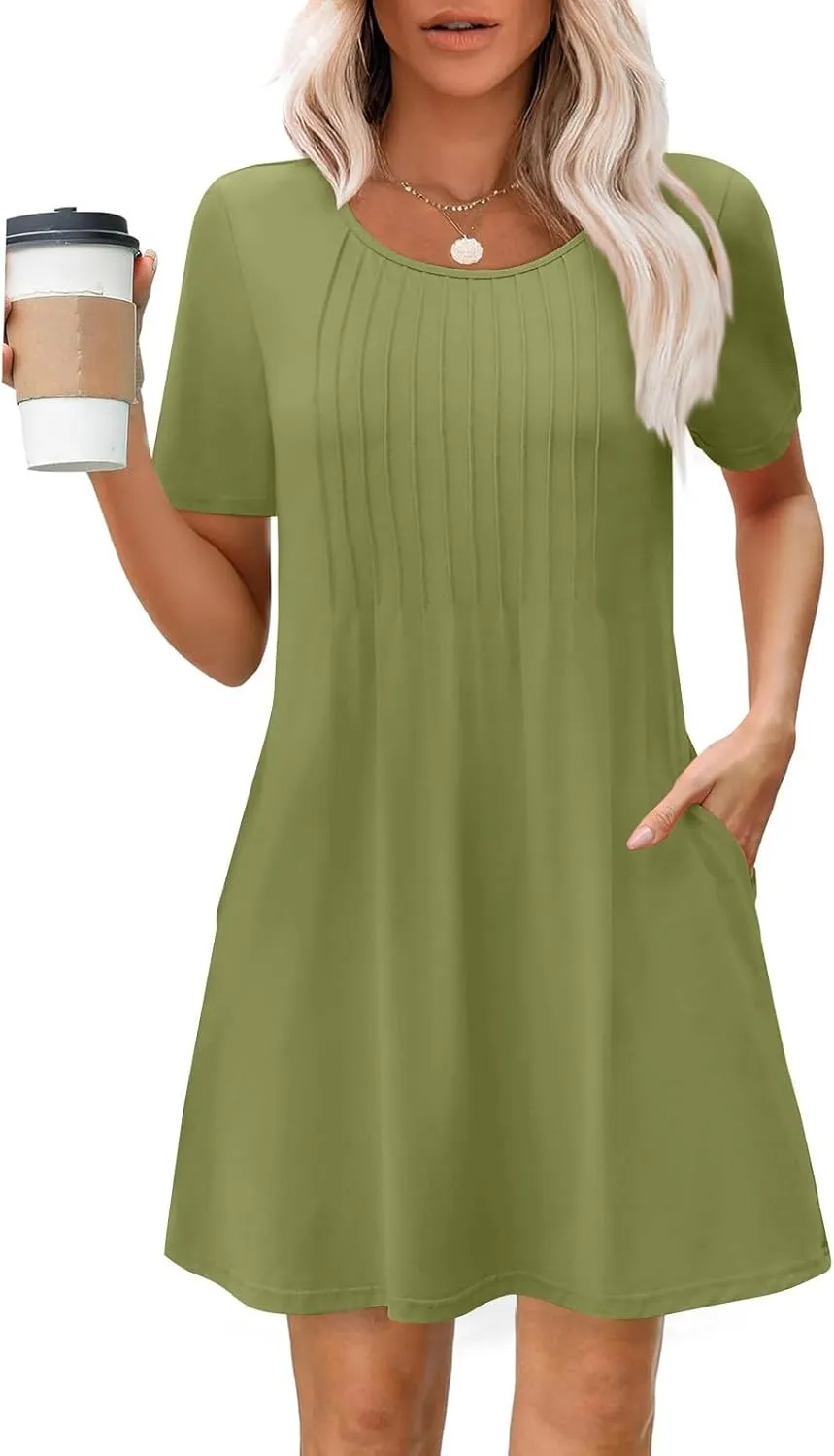 Womens Dresses Casual Loose Fit Short Sleeve Pleated Mini Dress Summer A-Line Flowy Beach Vacation Dress with Pockets