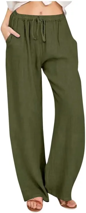 Women's Linen Pants Wide Leg Baggy Straight Work Pants Women High Waisted Drawstring Trousers with Pockets