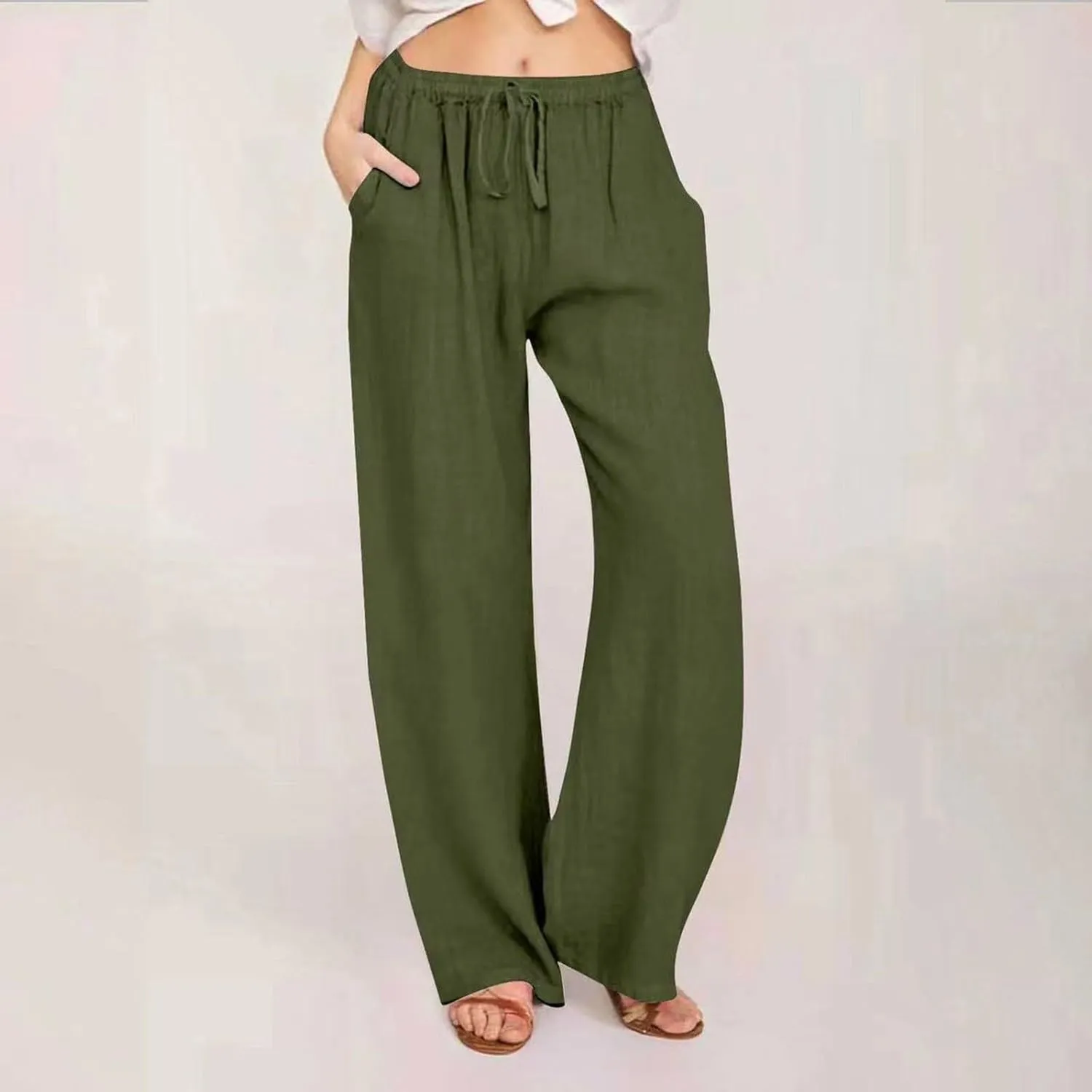 Women's Linen Pants Wide Leg Baggy Straight Work Pants Women High Waisted Drawstring Trousers with Pockets