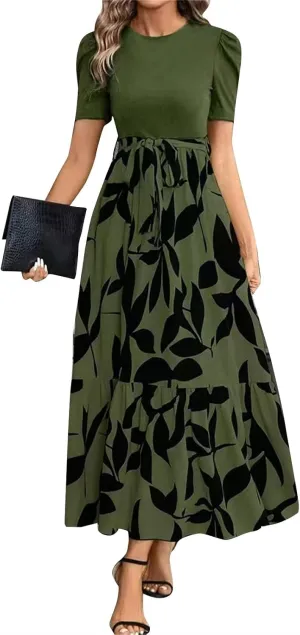 Women's Maxi Dress Summer Casual Trendy Short Sleeve Crew Neck High Waist Boho Floral Print Dresses 2025, S-2XL