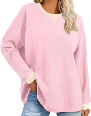 Womens Oversized Sweatshirts 2024 Casual Crewneck Long Sleeve Shirts Waffle Knit Pullover Tops Loose Blouse