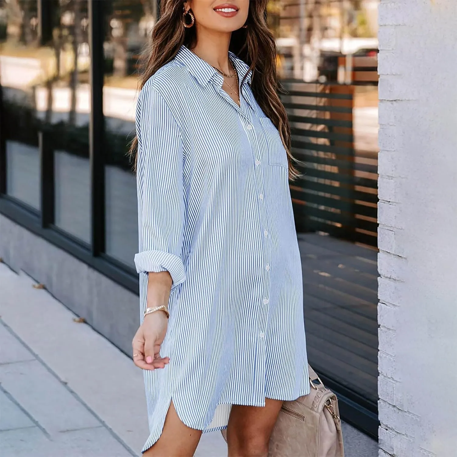 Womens Striped Button Down Midi Shirt Dress 2024 Fall Long Sleeve T Shirt Dress Fashion Casual Loose Travel Outfits