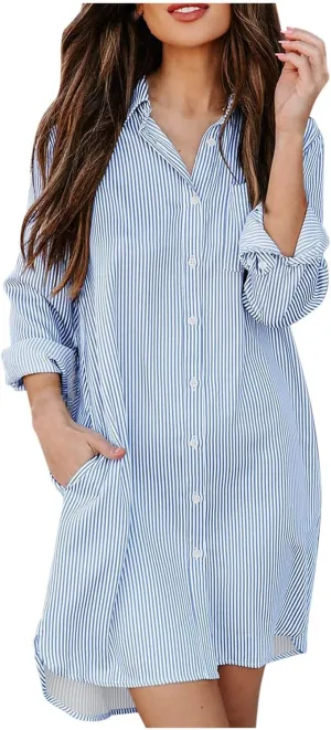Womens Striped Button Down Midi Shirt Dress 2024 Fall Long Sleeve T Shirt Dress Fashion Casual Loose Travel Outfits