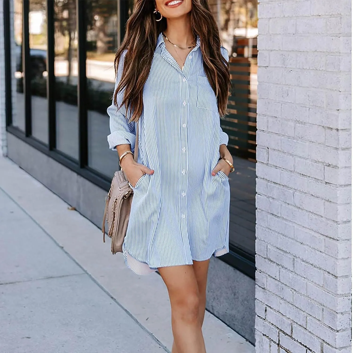 Womens Striped Button Down Midi Shirt Dress 2024 Fall Long Sleeve T Shirt Dress Fashion Casual Loose Travel Outfits