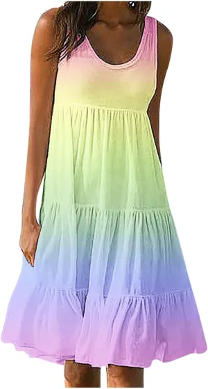 Womens Summer Dresses 2024 Trendy Tropical Casual Sleeveless Gradient Color Dress Loose Pleated Comfy Beach Sundress