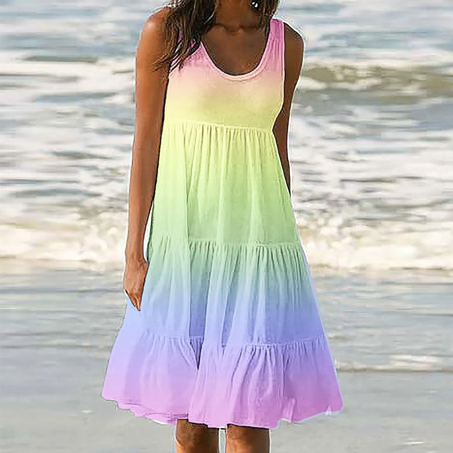 Womens Summer Dresses 2024 Trendy Tropical Casual Sleeveless Gradient Color Dress Loose Pleated Comfy Beach Sundress