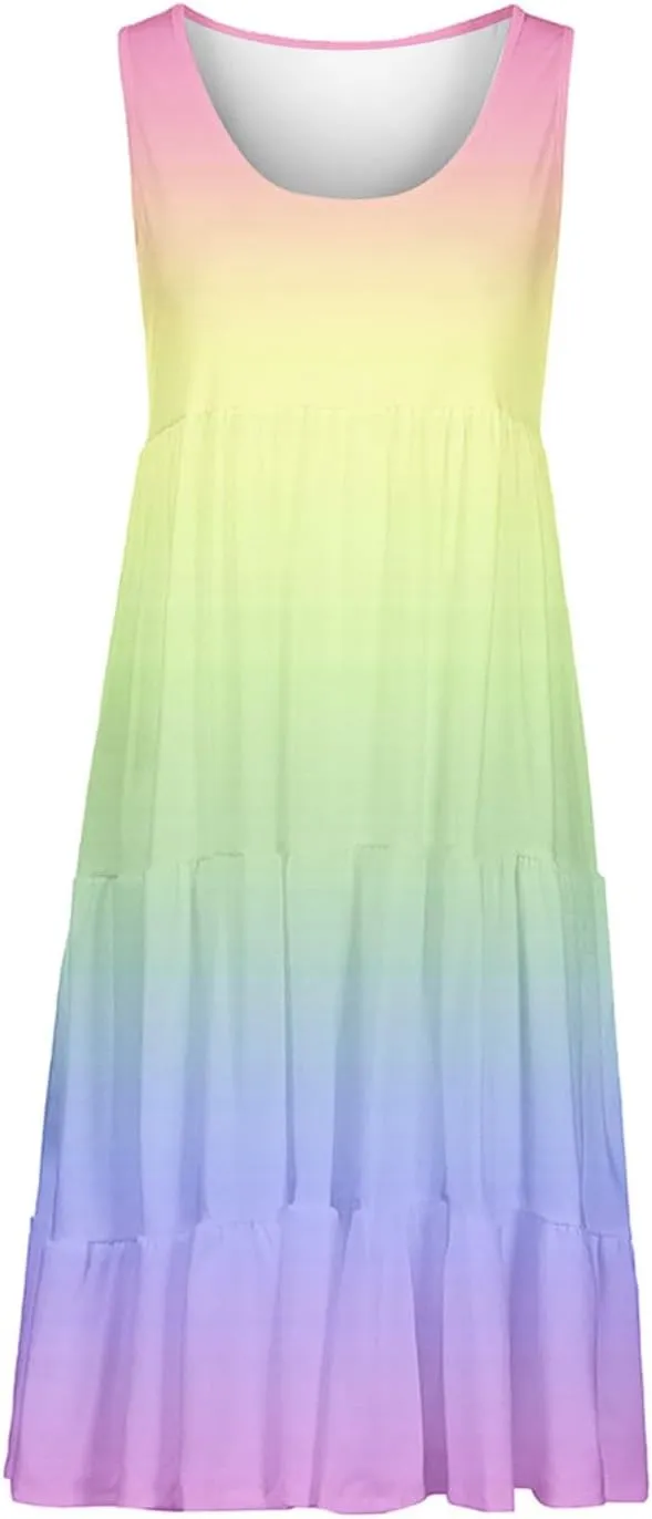 Womens Summer Dresses 2024 Trendy Tropical Casual Sleeveless Gradient Color Dress Loose Pleated Comfy Beach Sundress