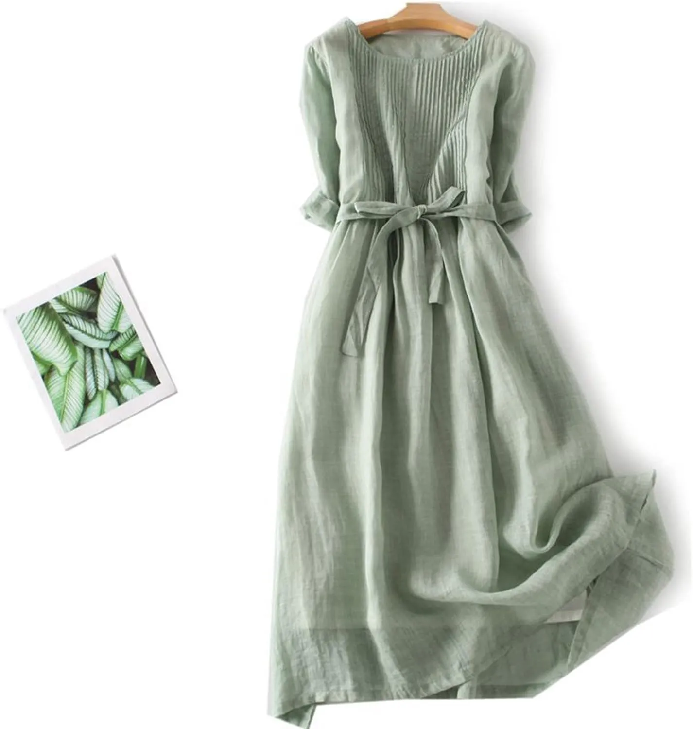 Women's Summer Long Dress Frill Front Cotton Linen Gauze Dresses 3/4 Sleeve Round Neck Flowy Midi Dress with Belt