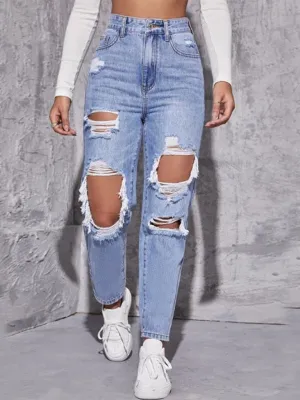 Women's Washed Ripped High Waist Jeans