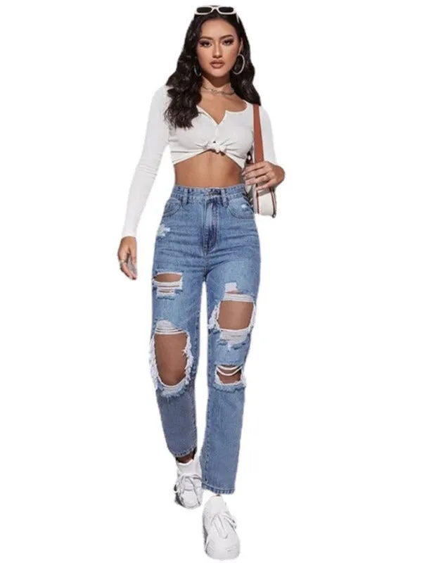 Women's Washed Ripped High Waist Jeans
