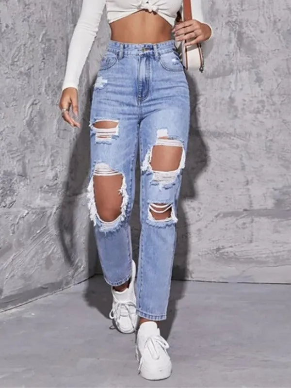Women's Washed Ripped High Waist Jeans