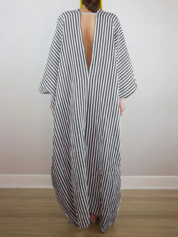xakxx Batwing Sleeves Loose Striped V-Back Deep V-Neck Maxi Dresses